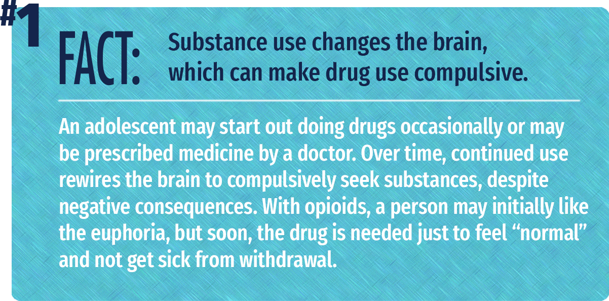 An adolescent may start out doing drugs occasionally or may be prescribed medicine by a doctor. Over time, continued use rewires the brain to compulsively seek substances, despite negative consequences. With opioids, a person may initially like the euphoria, but soon, the drug is needed just to feel 'normal' and not get sick from withdrawal.
