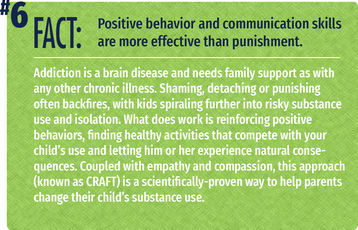 Addiction is a brain disease and needs family support as with any other chronic illness. Shaming, detaching or punishing often backfires, with kids spiraling further into risky substance use or isolation. What does work is reinforcing positive behaviors, finding healthy activities that compete with your child's use and letting him or her experience natural consequences. Coupled with empathy and compassion, this approach (known as CRAFT) is a scientifically-proven way to help parents change their child's substance use.